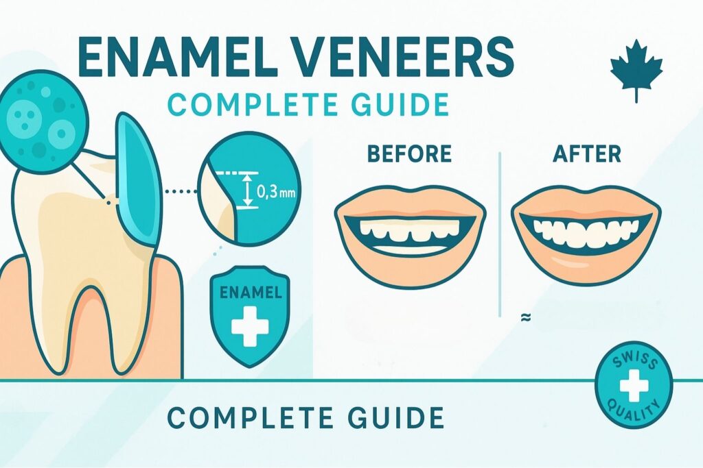 Cross-section diagram showing enamel veneer application with minimal tooth preparation, before and after smile comparison, highlighting enamel preservation techniques and cost savings for Canadian patients