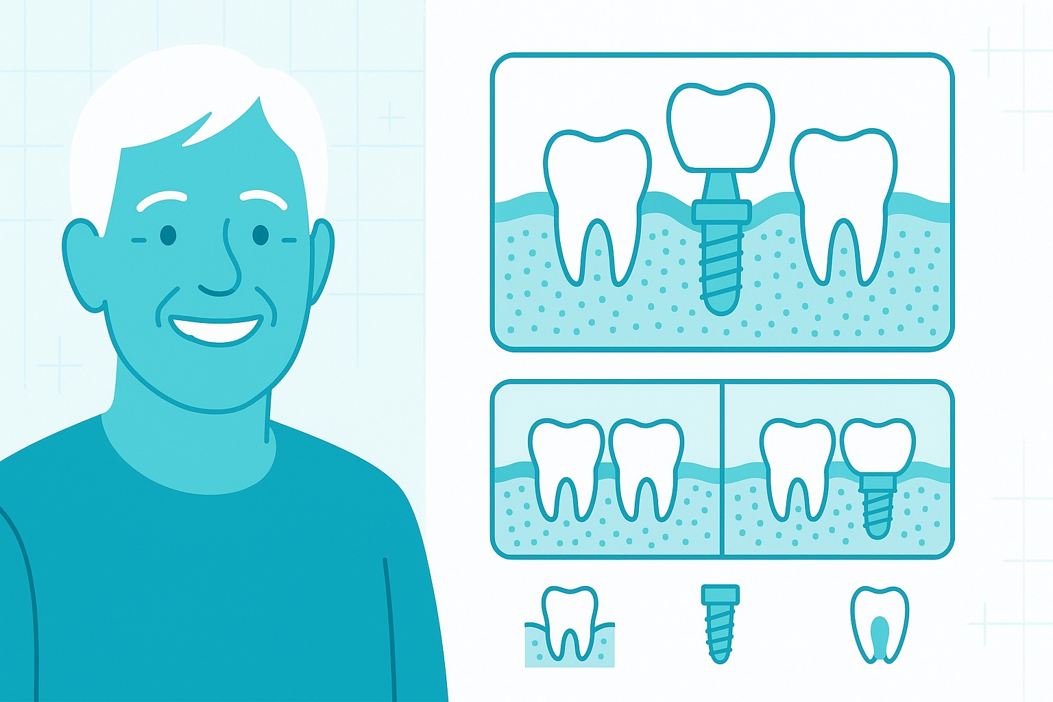 Senior patient smiling confidently with dental implant diagram showing titanium post, abutment and crown structure for Canadian seniors considering dental implant treatment