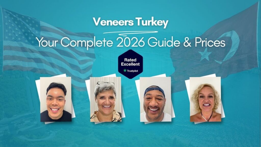 Veneers Turkey before and after results showing happy patients with new smiles, Trustpilot rated excellent, American flag background representing US patients choosing Turkey dental veneers