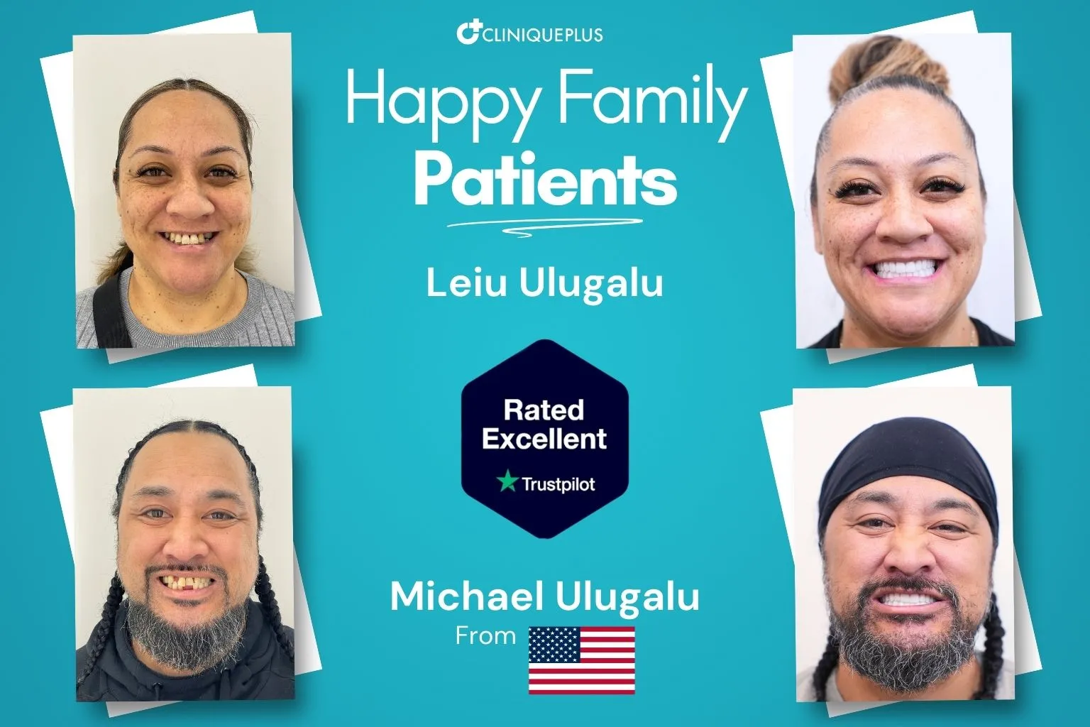 Leiu and Michael Ulugalu family before and after dental treatment Turkey — full smile transformation at CLINIQUEPLUS Istanbul, US patients