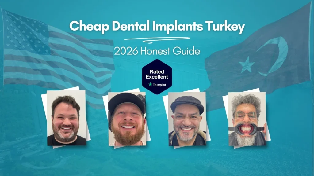 Cheap dental implants Turkey 2026 — four happy patients after affordable dental treatment at CLINIQUEPLUS Istanbul, rated Excellent on Trustpilot