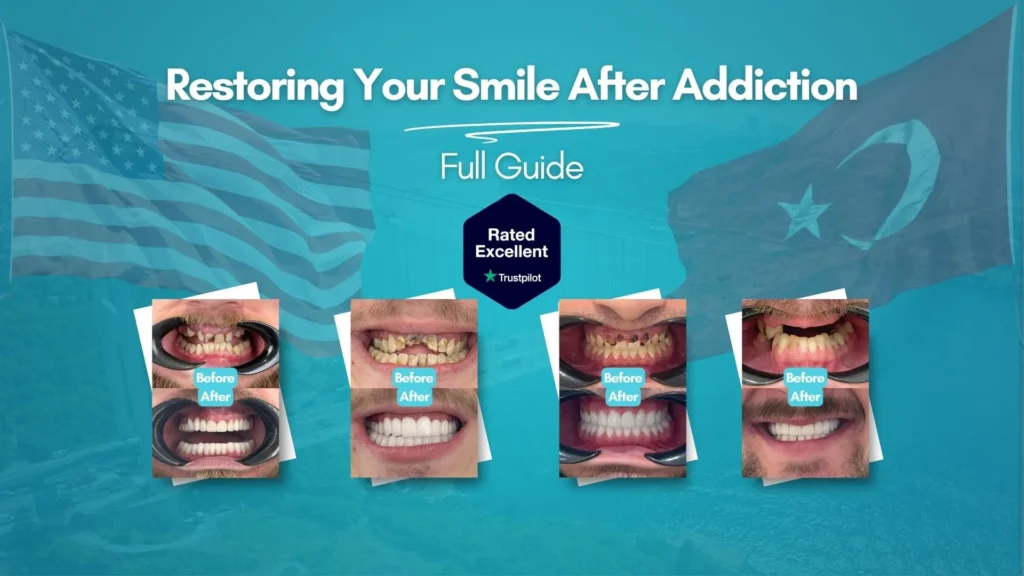 Restoring smile after addiction — four before and after dental treatment results at CLINIQUEPLUS Istanbul Turkey, US patients, rated Excellent on Trustpilot