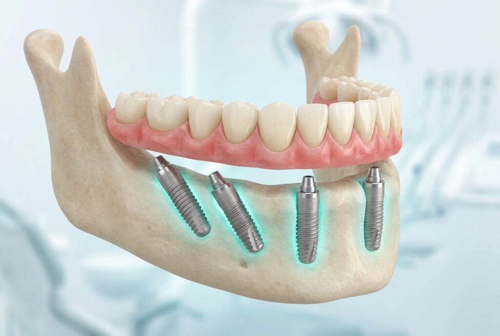 3D medical illustration of All-on-4 dental implants — full fixed arch of prosthetic teeth supported by four titanium implants in the lower jaw, All-on-4 dental implants Turkey at CLINIQUEPLUS