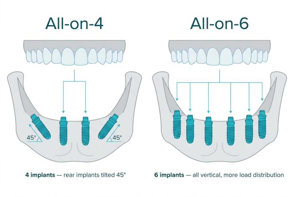 Comparison diagram of All-on-4 versus All-on-6 dental implants — four implants with 45-degree tilted rear implants versus six vertical implants supporting a full prosthetic arch