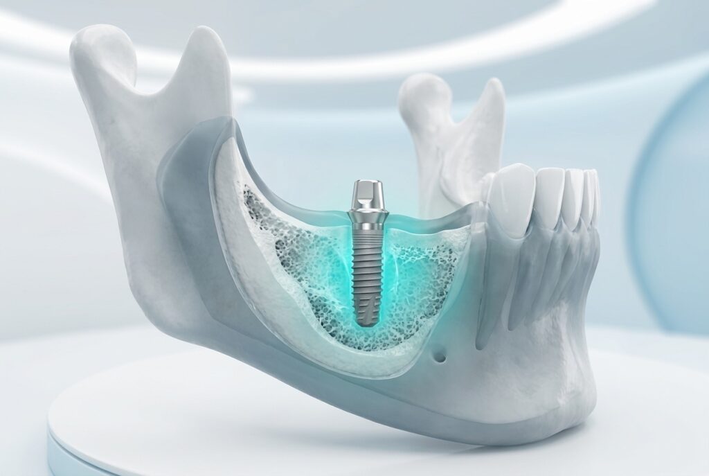 3D medical illustration of a titanium dental implant placed in a jawbone with bone loss, surrounded by regenerated bone — dental implants with bone loss at CLINIQUEPLUS Turkey