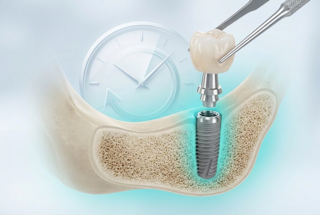 3D medical illustration of same-day dental implants — titanium implant placed with a temporary crown attached the same day, teeth in a day in Turkey at CLINIQUEPLUS