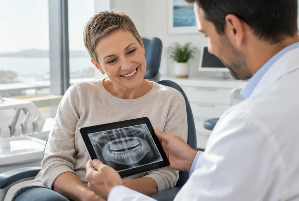 Cancer survivor with regrown hair after chemotherapy reviewing a panoramic X-ray with a dentist before dental implants at CLINIQUEPLUS Istanbul