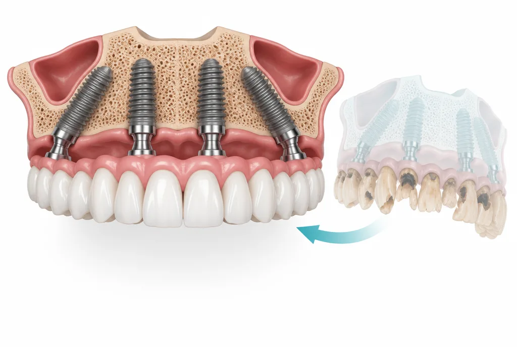 How meth mouth is fixed: 3D illustration of an upper jaw with four tilted titanium implants supporting a full arch of zirconia teeth, replacing decayed meth-damaged teeth