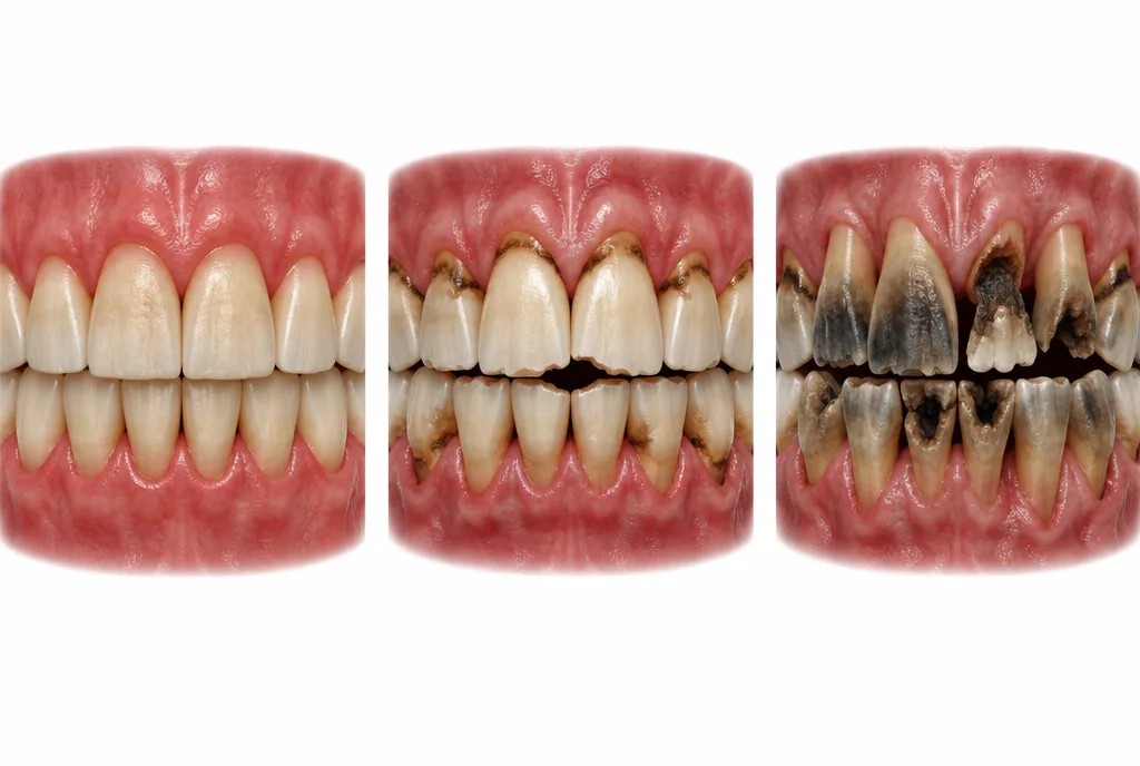 What meth mouth looks like: three stages from early enamel dullness and gum inflammation to gum-line decay and finally blackened, crumbling teeth — 3D dental illustration